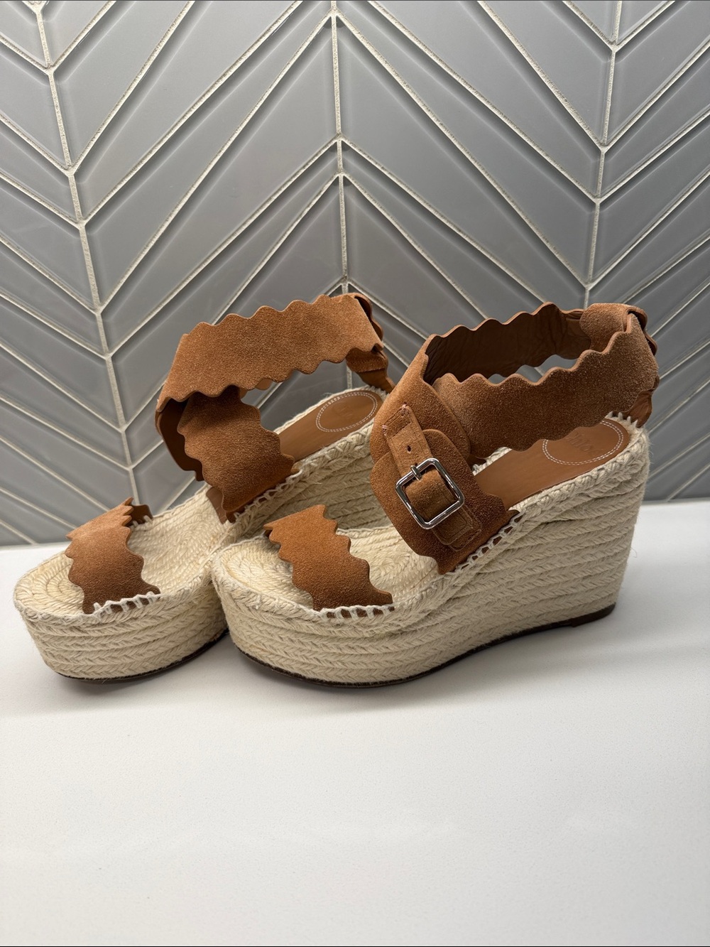 Chloe Tan Scalloped Espadrille Wedge Sandals